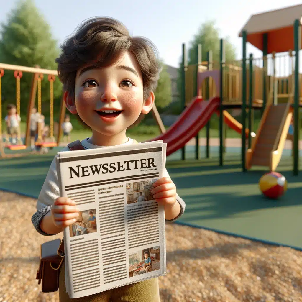 DALL·E 2024-03-19 21.09.59 - A realistic depiction of a child in a playground, holding a newsletter high with a proud and happy expression. The child is surrounded by playground e